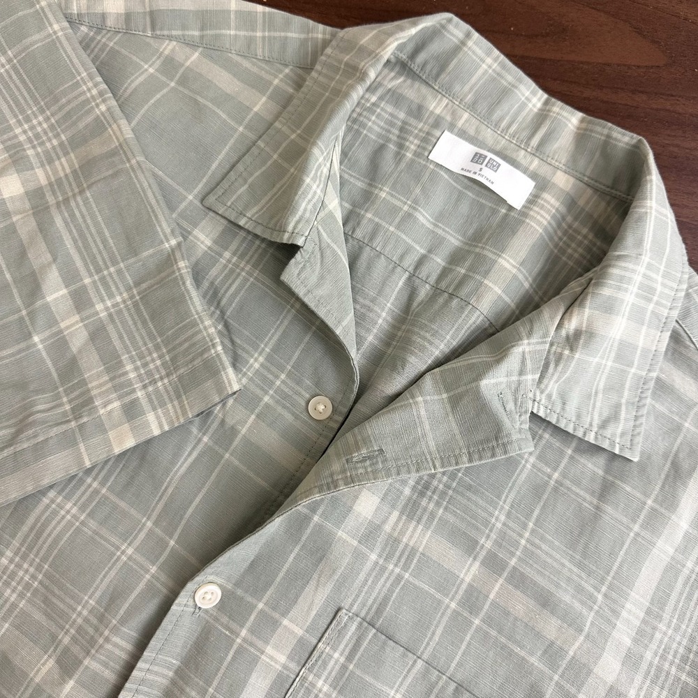 Uniqlo Shirt Green Plaid Linen Blend Short Sleeve Pocket Button Up Mens Small